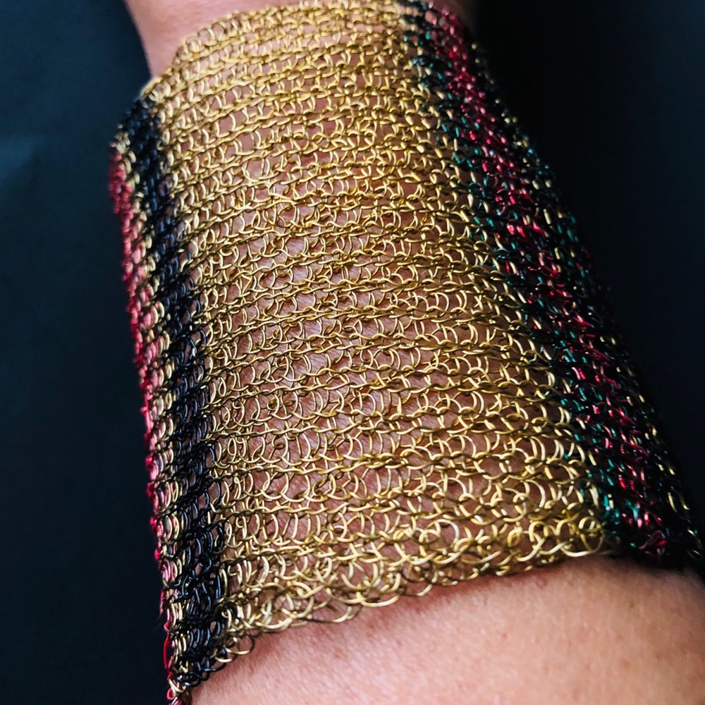 Cleopatra Cuff gold, red, black, green art wire